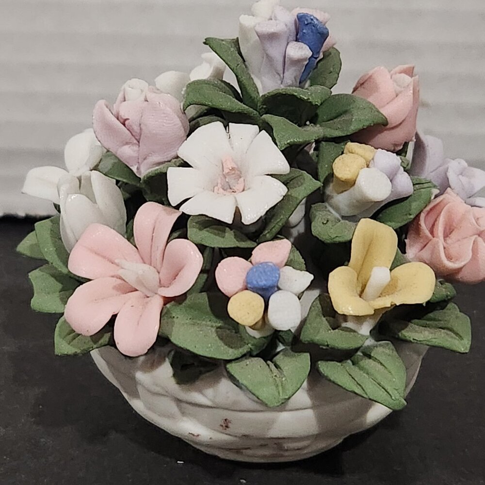 Vintage Miniature Porcelain Multicolor Flower Arrangement in Basket Figurine